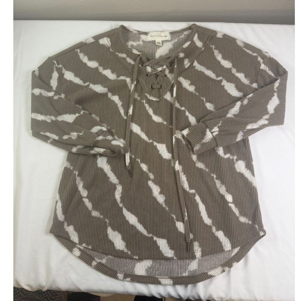 French Laundry Women’s L Taupe Ivory Lace Up Tunic Top Boho Y2K